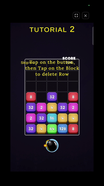 Using the Bomb power-up to clear a horizontal row and shift gravity in Additive Fun 2048