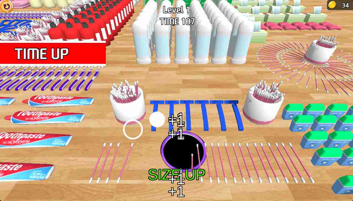 Black Hole Fill 3D active gameplay demonstrating a mid-sized void devouring dense clusters of geometric objects