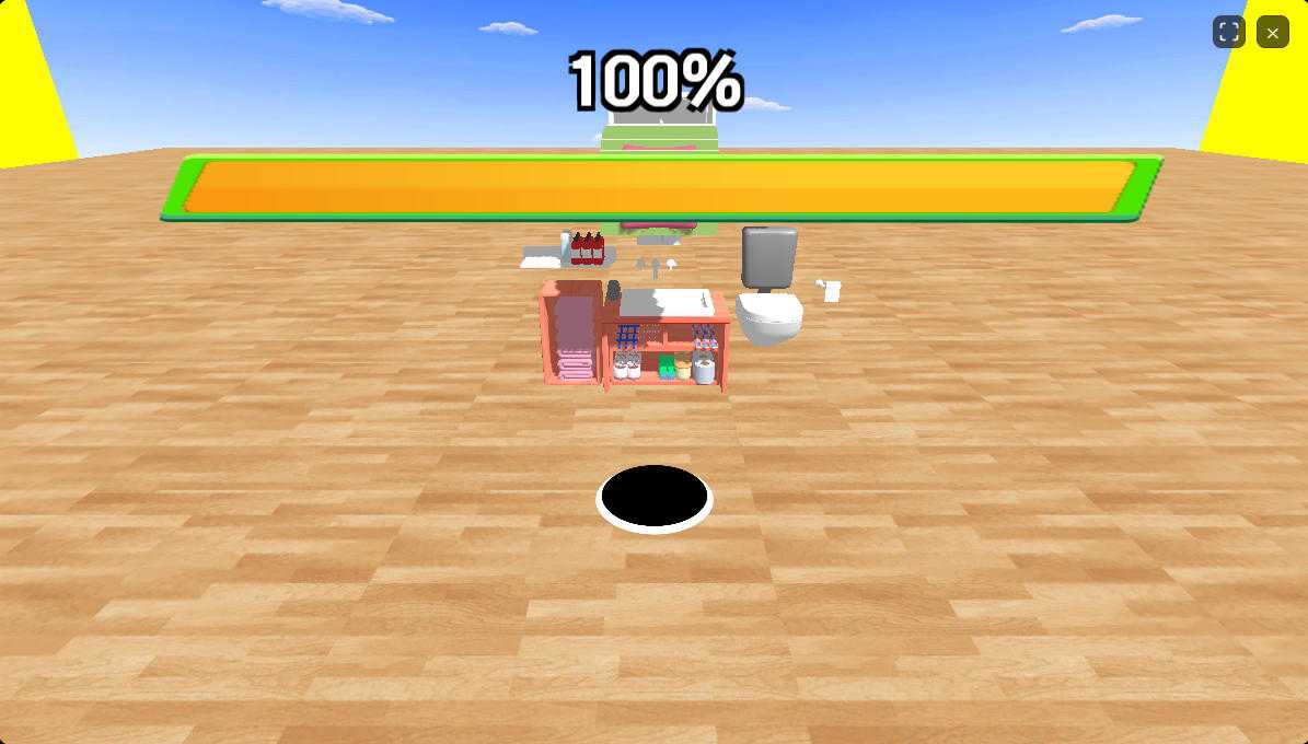 Victory display screen in Black Hole Fill 3D showcasing a completely cleared grid and a filled target repository
