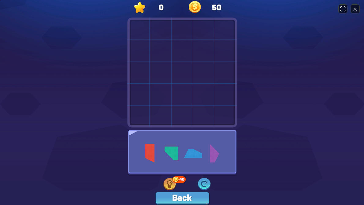 Game start screen showing different shaped puzzle pieces in the placement area