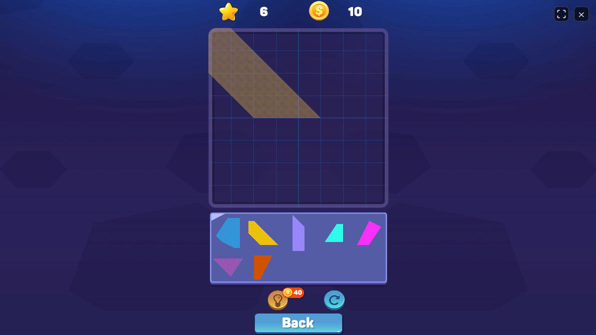 Activating the Hint item to display correct shape placements on the board