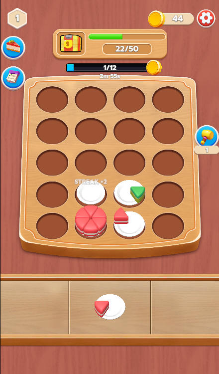Complex matching scenario involving multi-colored cake slices requiring careful spatial planning