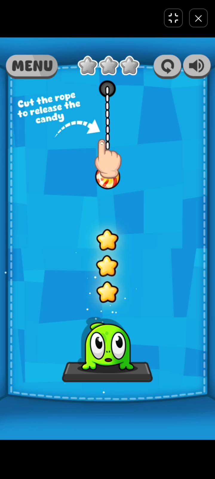 Candy Cutter Saga Kids game controls showing intuitive drag-to-cut rope mechanics and rules