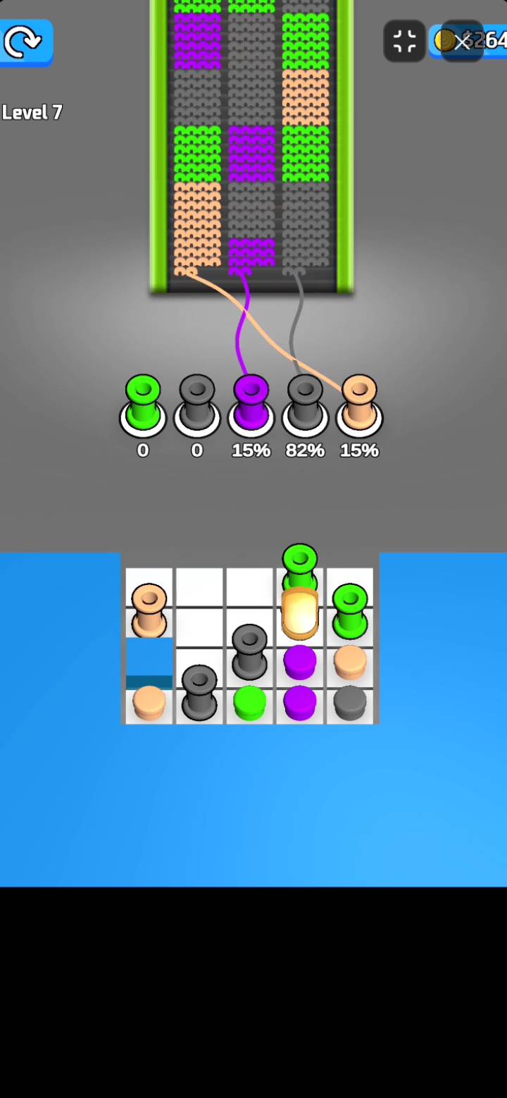 Color Loom Puzzle core gameplay showing colorful yarn crossing multiple columns