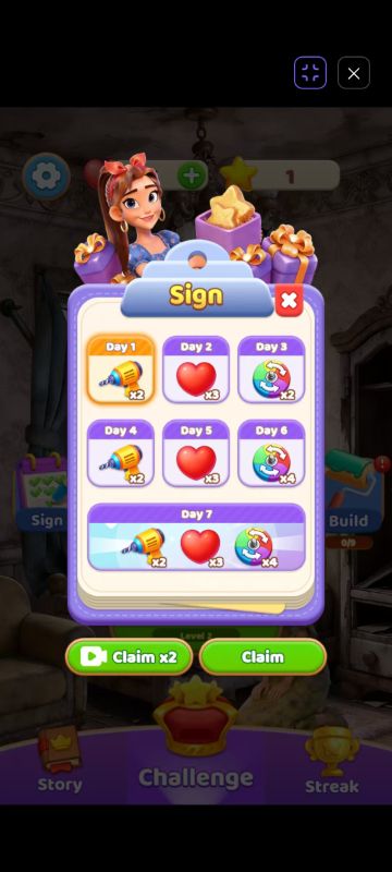 Color Screw Rescue Puzzle daily login calendar offering free hearts stamina and free boosters