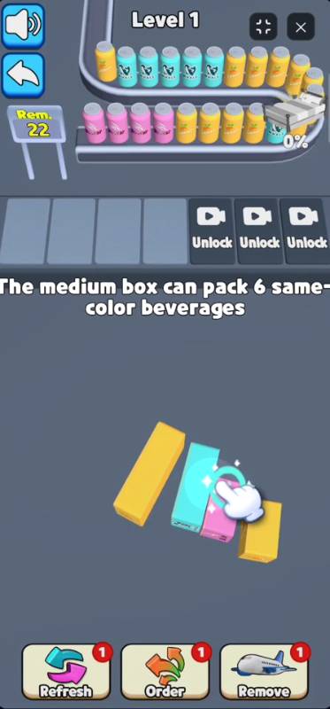 Basic gameplay mechanics showing the conveyor belt and packing boxes