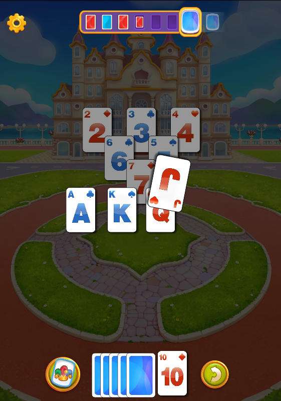 Core gameplay of Emily's Hotel Solitaire showing higher and lower card matching