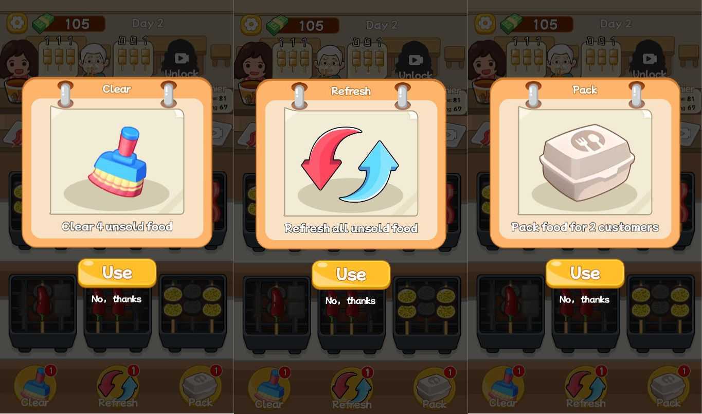 Using power-ups like Clear, Refresh, and Pack in Food Game Grill Sort