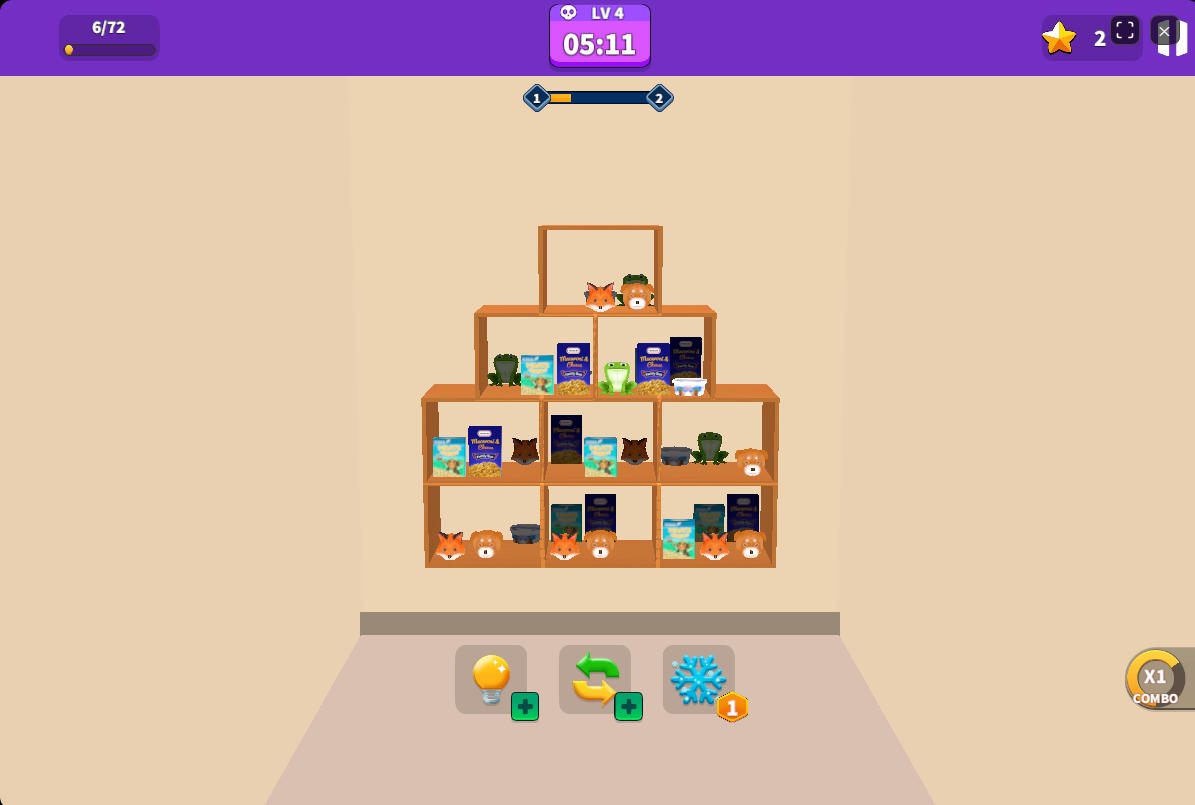 Using the Refresh power-up to completely randomize the item positions on the shelves