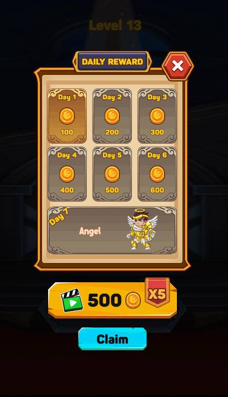 The daily check-in reward screen in Hero Pipe showing coin bonuses