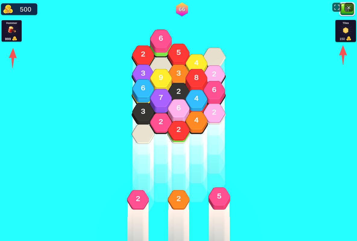 Using the Random Remover and Hammer power-ups to clear space