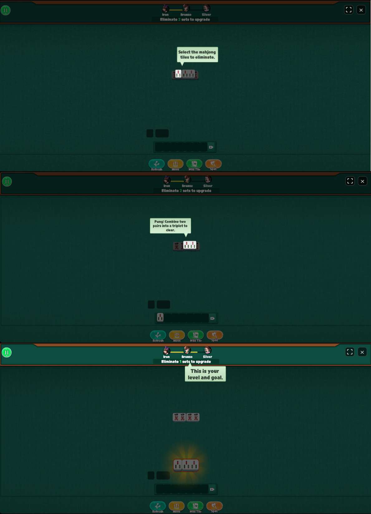 Pong Rule: Matching three identical Mahjong tiles to clear them