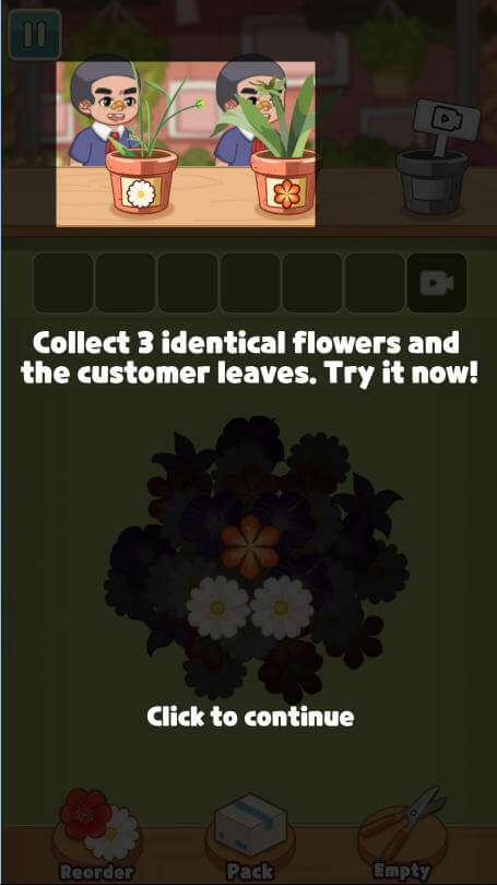 Mart Puzzle Flower Match basic rules showing flower collection and pot targets