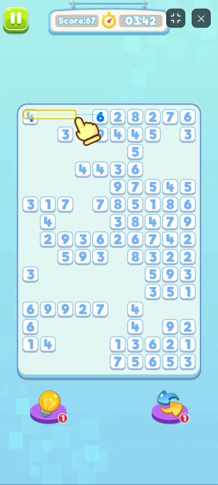 Match Ten Number Puzzle Hint booster highlighting available sum-to-10 selection regions