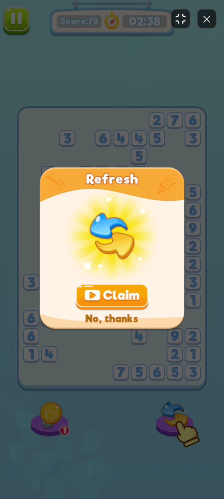 Match Ten Number Puzzle Refresh booster shuffling remaining board numbers