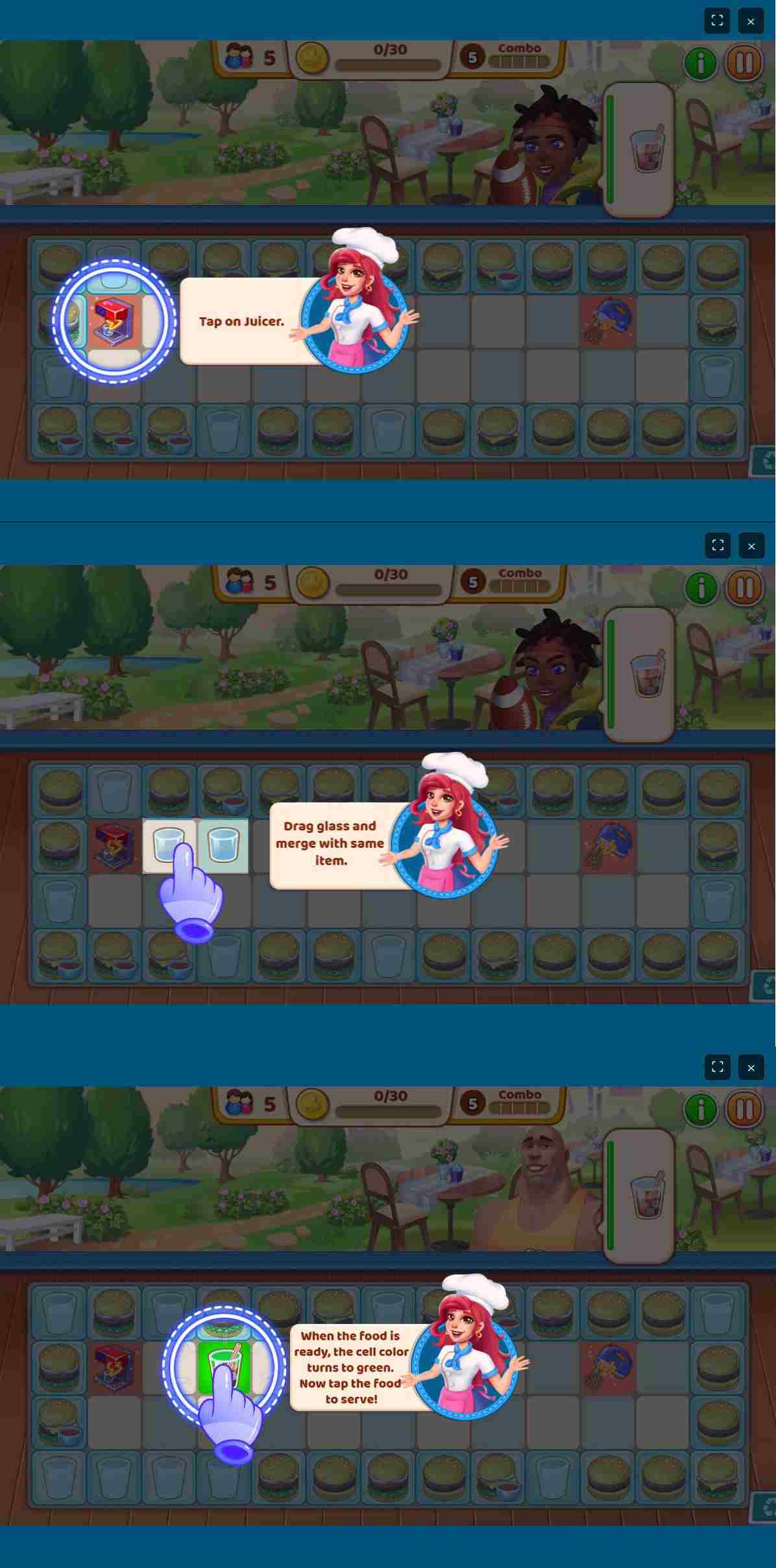 Merge Cooking Game basic gameplay showing ingredient merging and customer orders