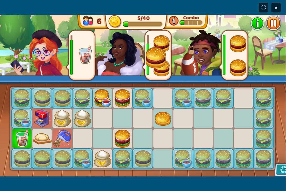 High level gameplay in Merge Cooking Game with complex burger orders