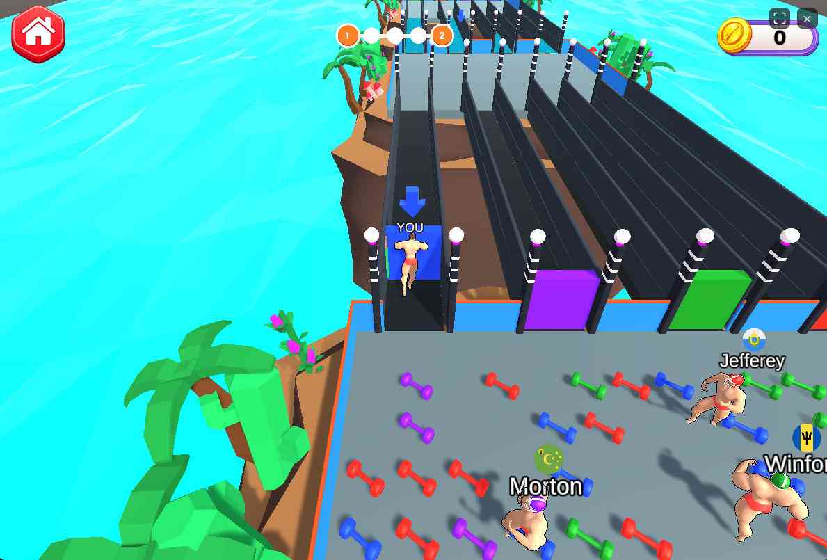 Player collecting colored dumbbells and pushing the plank at the start of the race map