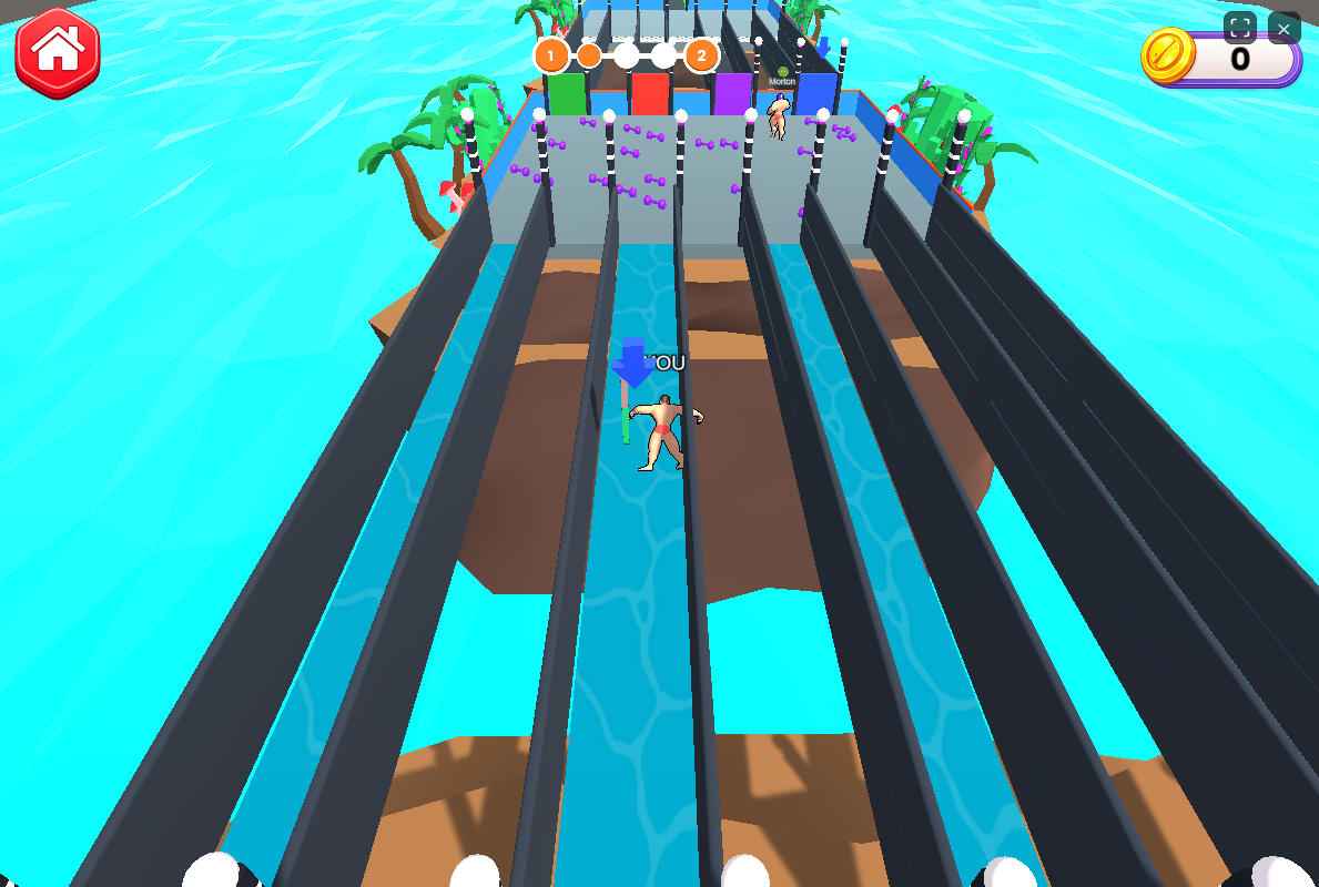Advanced swimming challenge showing players burning muscle mass across aquatic tracks