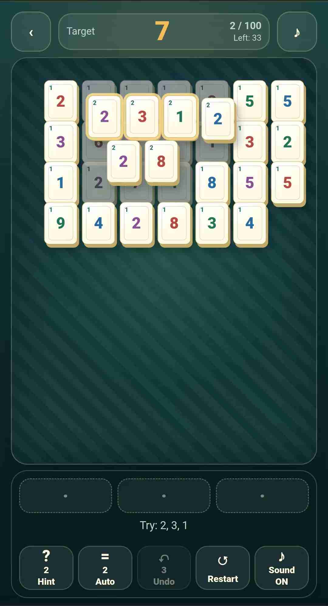 Activating the Hint system to isolate a valid 3-tile arithmetic combination on a cluttered grid
