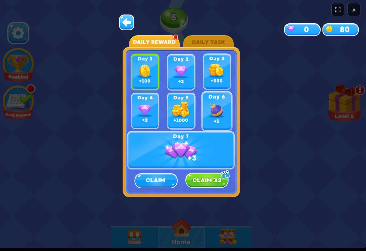 Daily check-in rewards screen