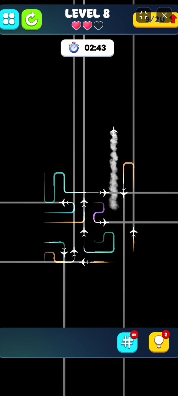 Plane Escape Puzzle Route Marking tool displaying flight trajectory lines across the board