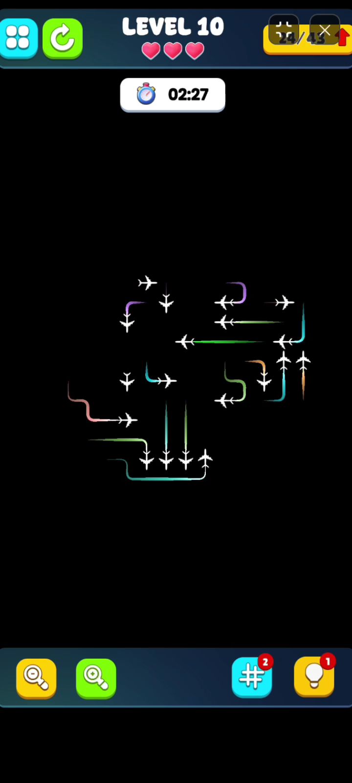 Plane Escape Puzzle Auto-Highlight Hint tool marking a safe removable arrow plane
