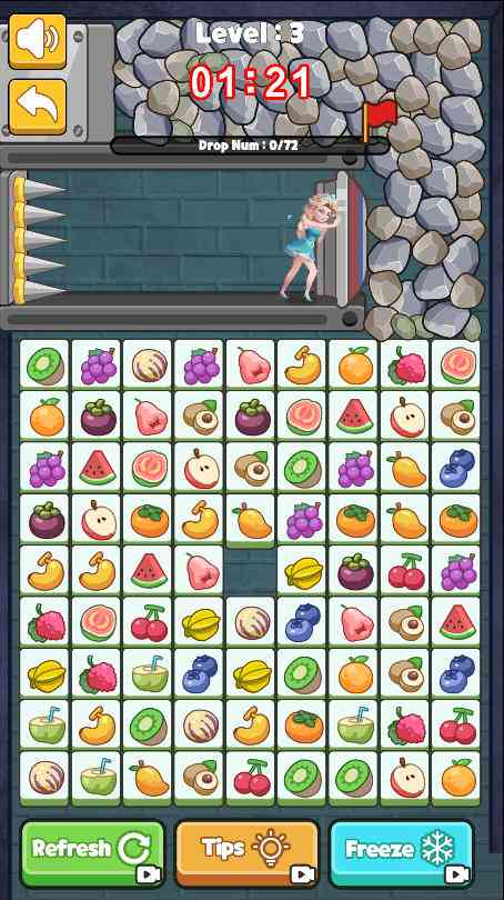 The user interface of Princess Rescue Fruit Connect showing the trapped princess, the rock pile, and the bulldozer