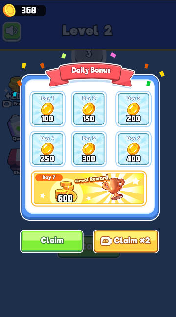 The daily login calendar rewarding players with gold coins