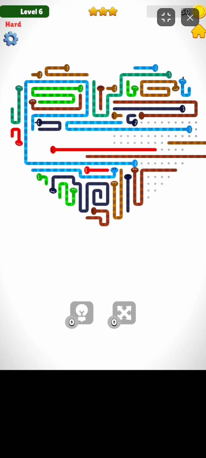 Snake Out Puzzle Game high level challenge featuring tangled multi-colored snakes screenshot
