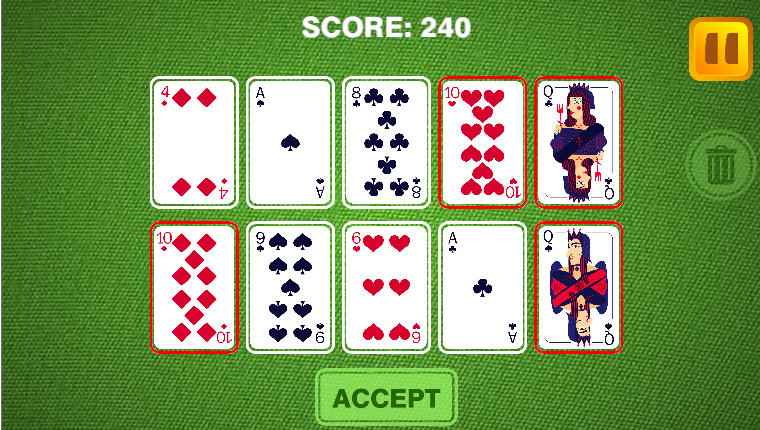 Clearing the board by eliminating two pairs: 10s and Queens