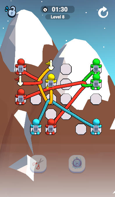 Tangled Climber Escape gameplay showing complex rope intersections and overlapping mountaineer safety lines on rock anchors