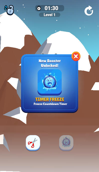 Activating the Freeze power-up in Tangled Climber Escape to temporarily stop the countdown timer during a complex puzzle