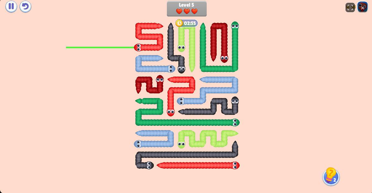 Hint tool demonstration highlighting available moves in Untangle Snake Frenzy