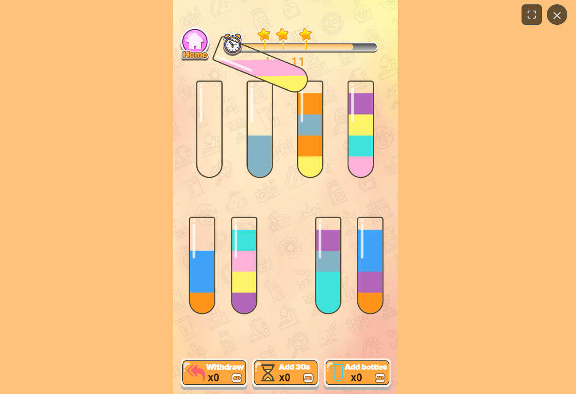 Water Color Sort advanced level challenge with multiple tubes
